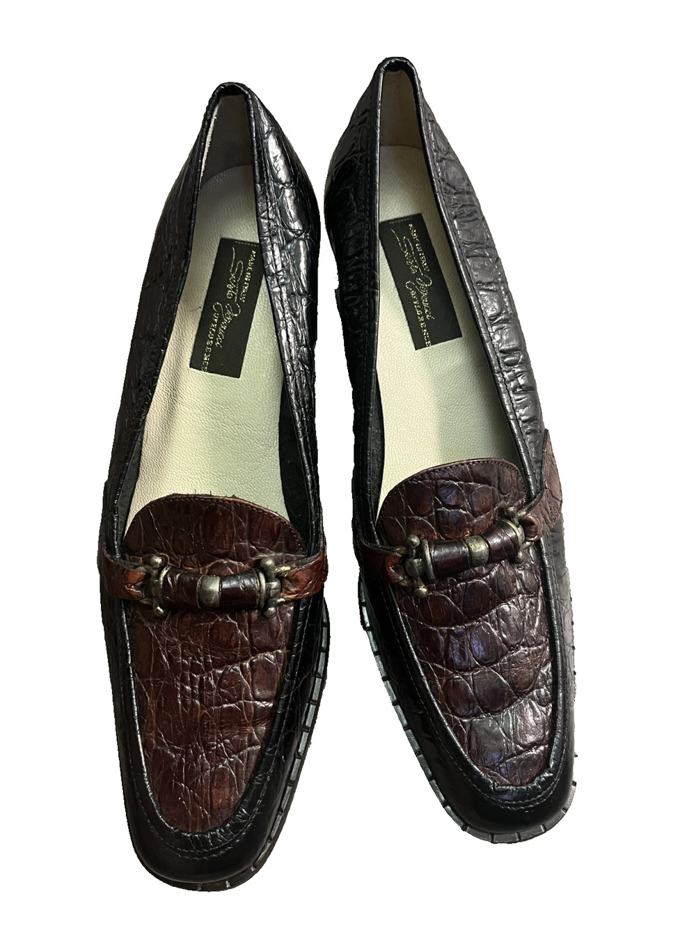 Womens Size 8N Sesto Meucci of Florence Brown Leather Croc-Embossed Slim Loafers